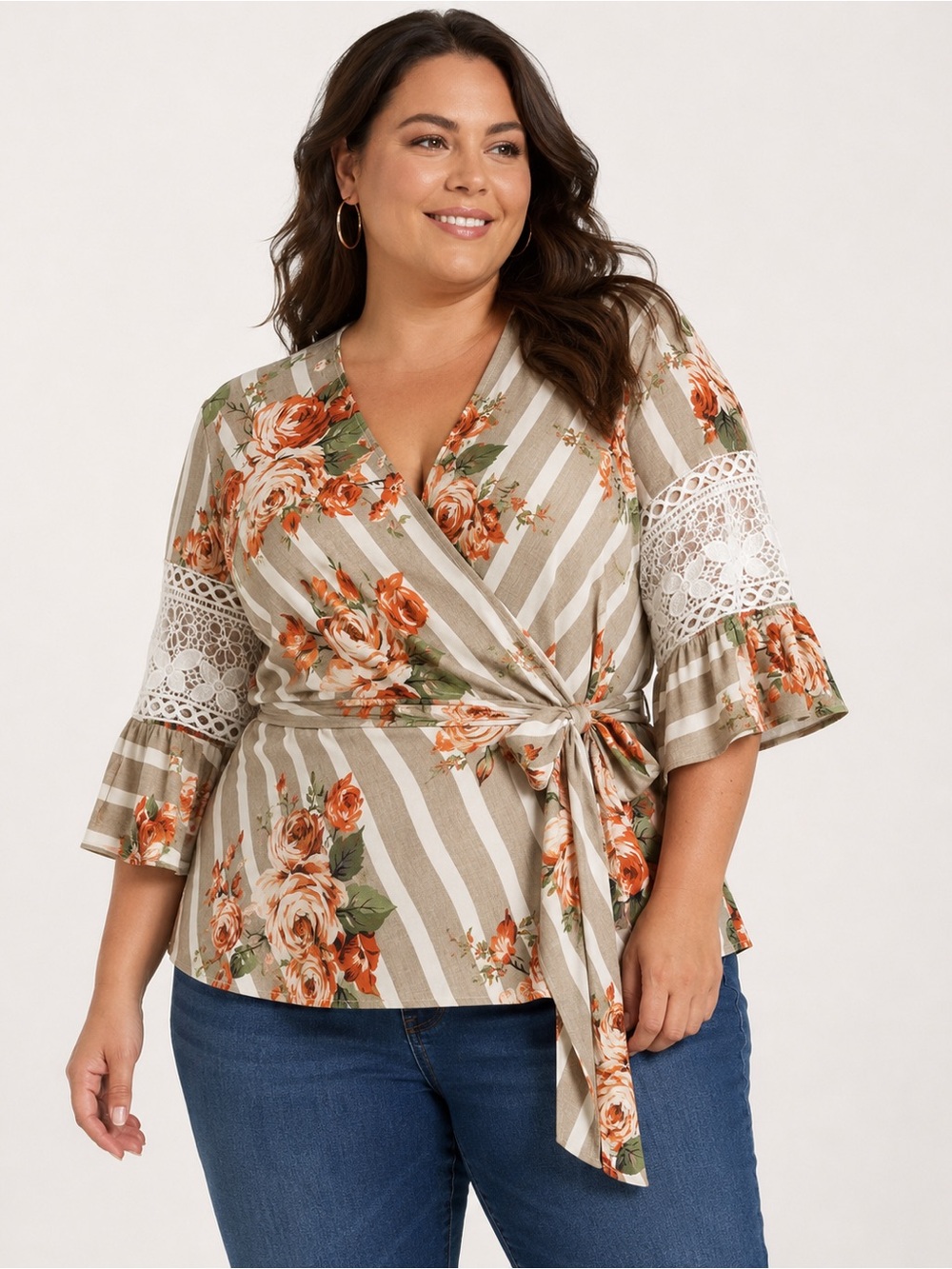 Suzanne Betro Kimono Sleeve Floral Lqce Boho Wrap Belt Blouse Top Shirt Size 2X